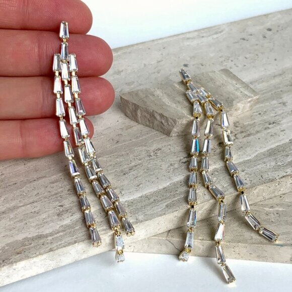 New ~ Anthropologie Shashi Cascading Baguette Crystal Fringe Gold Earrings - Picture 5 of 5